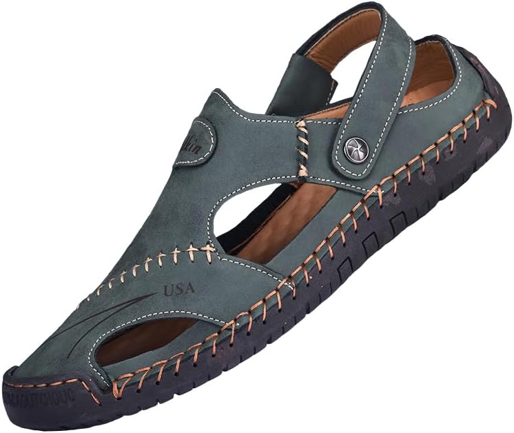 

Мужские кожаные сандалии-рыбаки с закрытым носком, спортивные сандалии с вырезами, слипоны, римские повседневные летние пляжные шлепанцы Salkin, зеленый