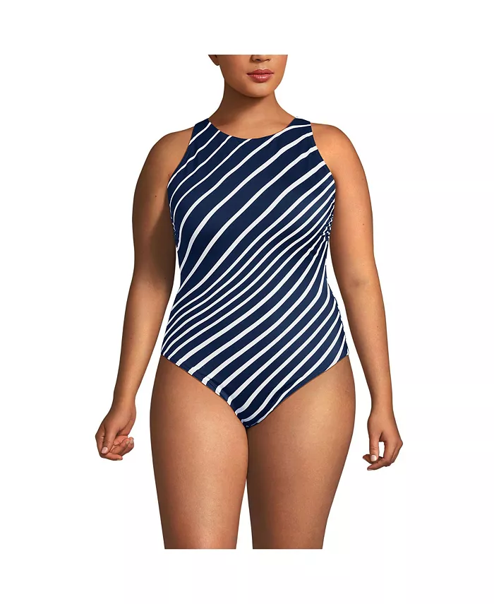 

Купальник Plus Size Tugless с высоким вырезом и эффектной спинкой One Piece Lands' End, синий