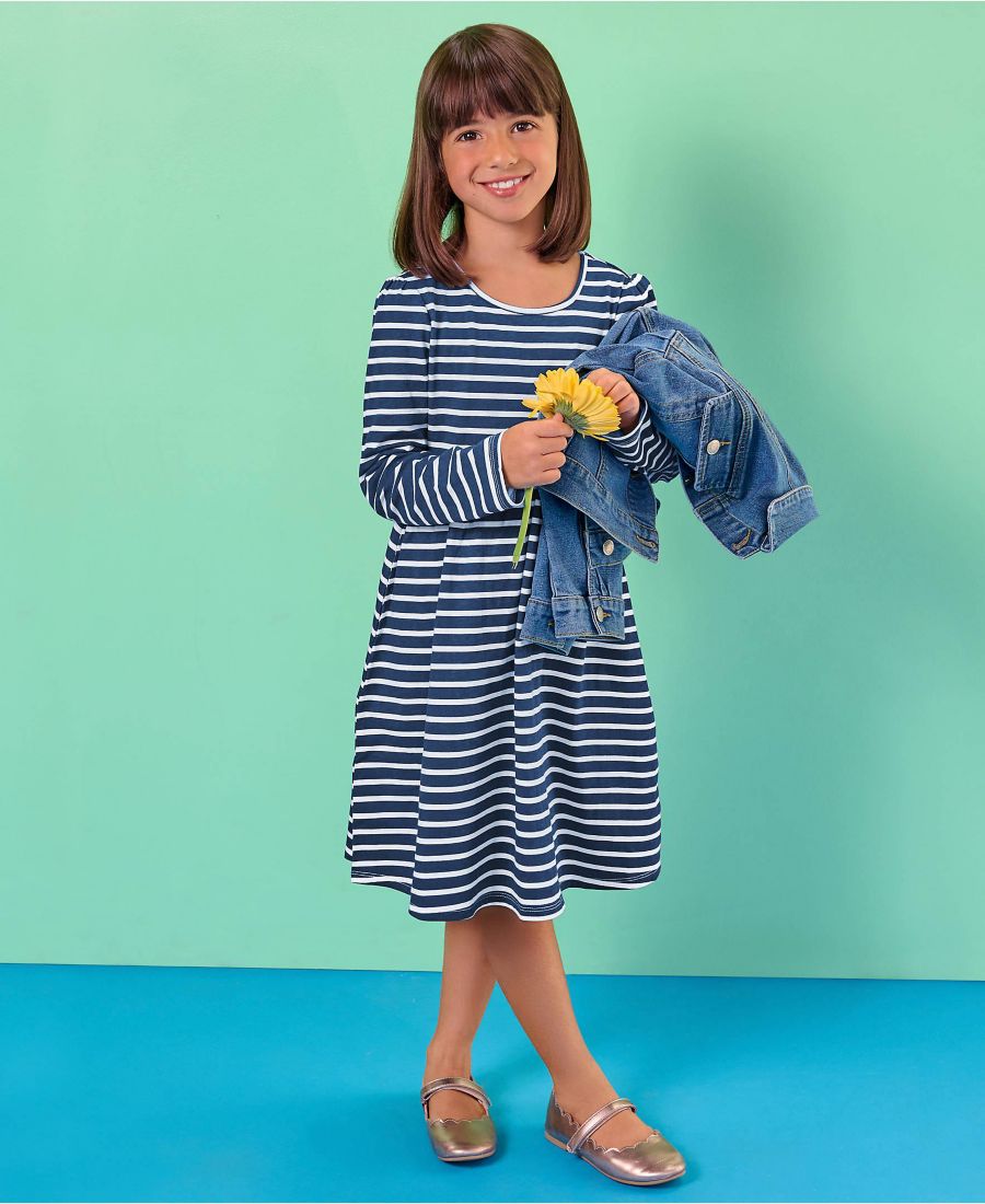 

Детское трикотажное платье с длинными рукавами и присборенной талией Lands' End, Navy/white stripe