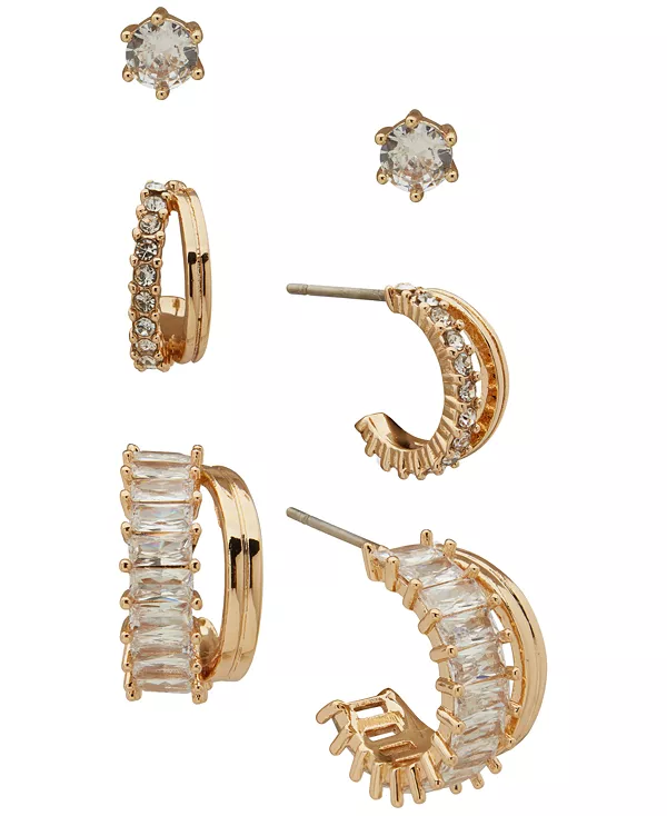 

Комплект из 3 серег круглой и багетной огранки с кубическим цирконием золотистого оттенка Anne Klein, gold