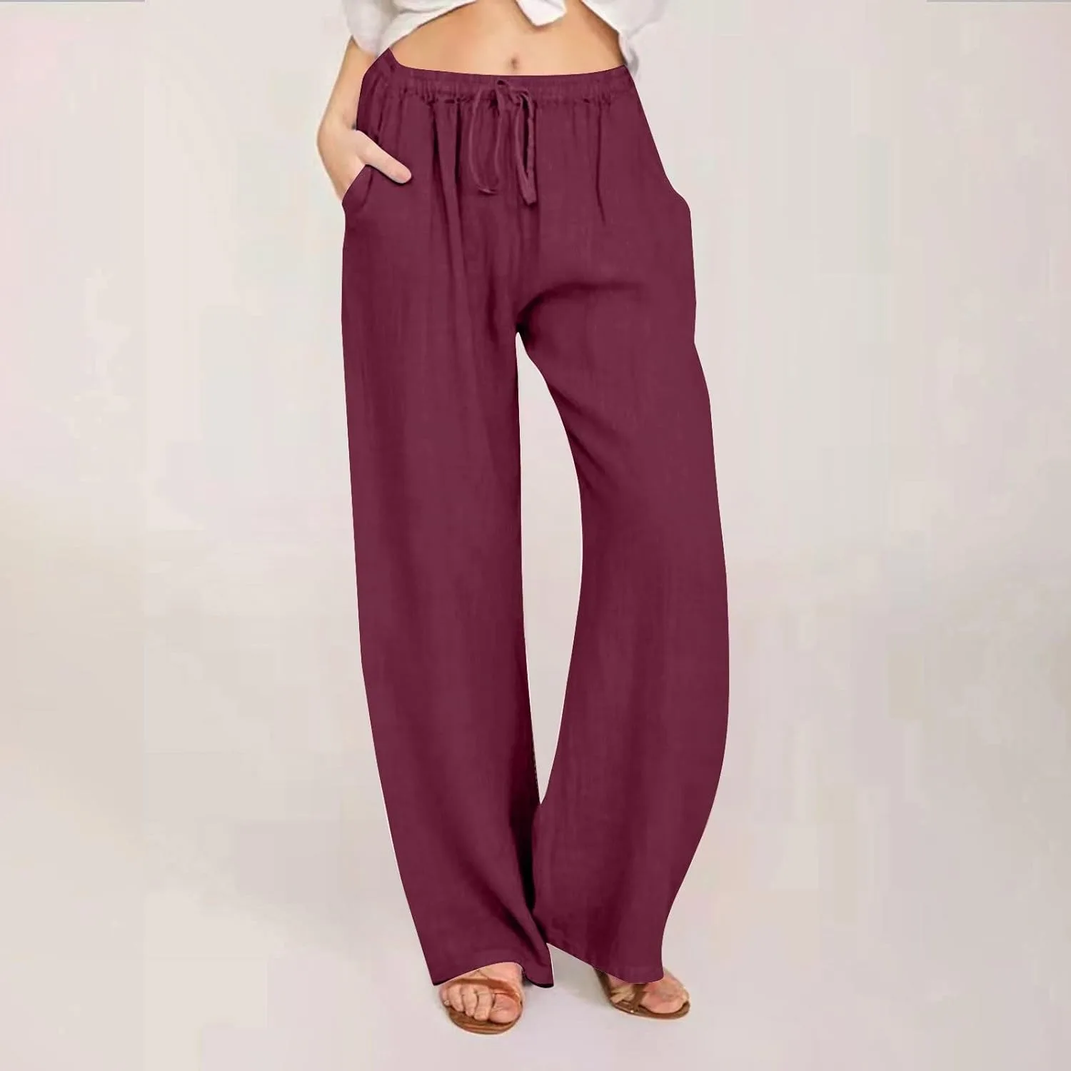 Женские льняные брюки Casual Palazzo, весна-лето, высокая талия, широкие штаны с карманами для пляжного отдыха Generic, розовый — фото 2