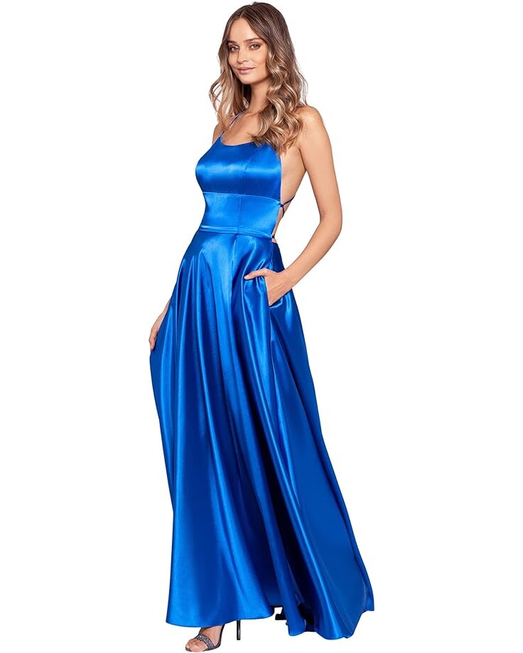 

Платье Betsy & Adam Satin Open Back Gown w/ Wrap Skirt, синий