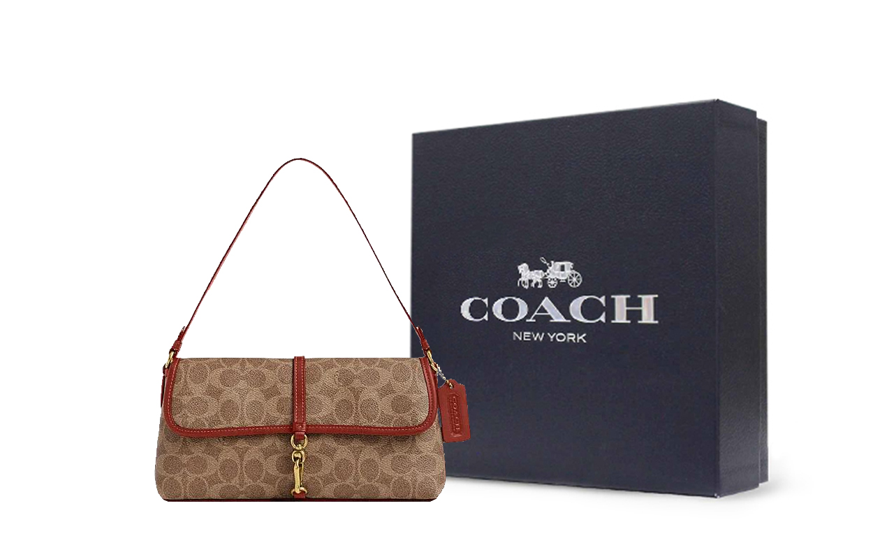 

COACH Хамптонс искусственная кожа женская одноплечевая сумка средний размер коричневый желтый и ржаво-красный