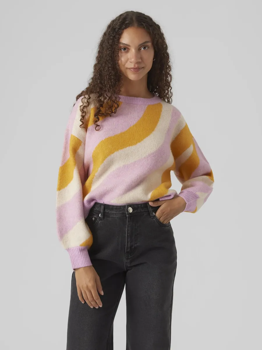 

Вязаный свитер Vero Moda "VMLENA LS O-NECK PULLOVER GA BOO", цвет Pastel Lavender Stripes:W. Birch And Gold Fusion