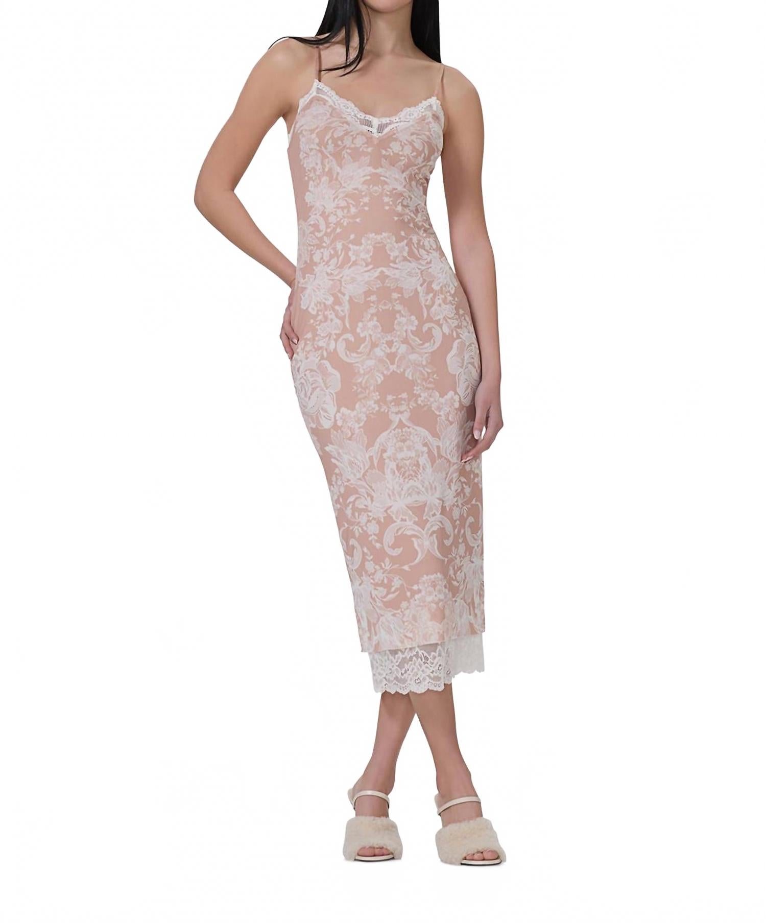 

AFRM Платье-комбинация Nissa Nude Mesh Baroque Wallpaper Print Mesh с принтом под барокко и кружевом миндального цвета