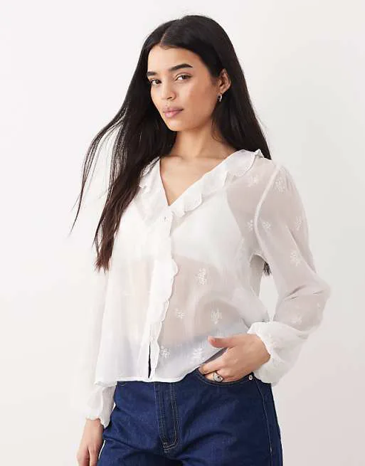 

Белая струящаяся блузка с длинными рукавами и рюшами спереди Abercrombie & Fitch