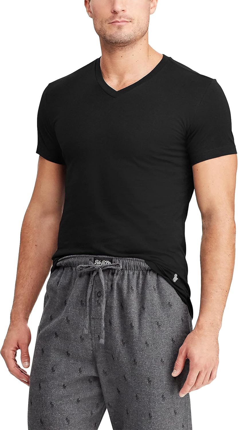 Футболка POLO Ralph Lauren Men's Slim Fit Cotton V-Neck Undershirts 3 Pack, Navy/White, White/Navy, Black/White - 3 Pack — фото 4