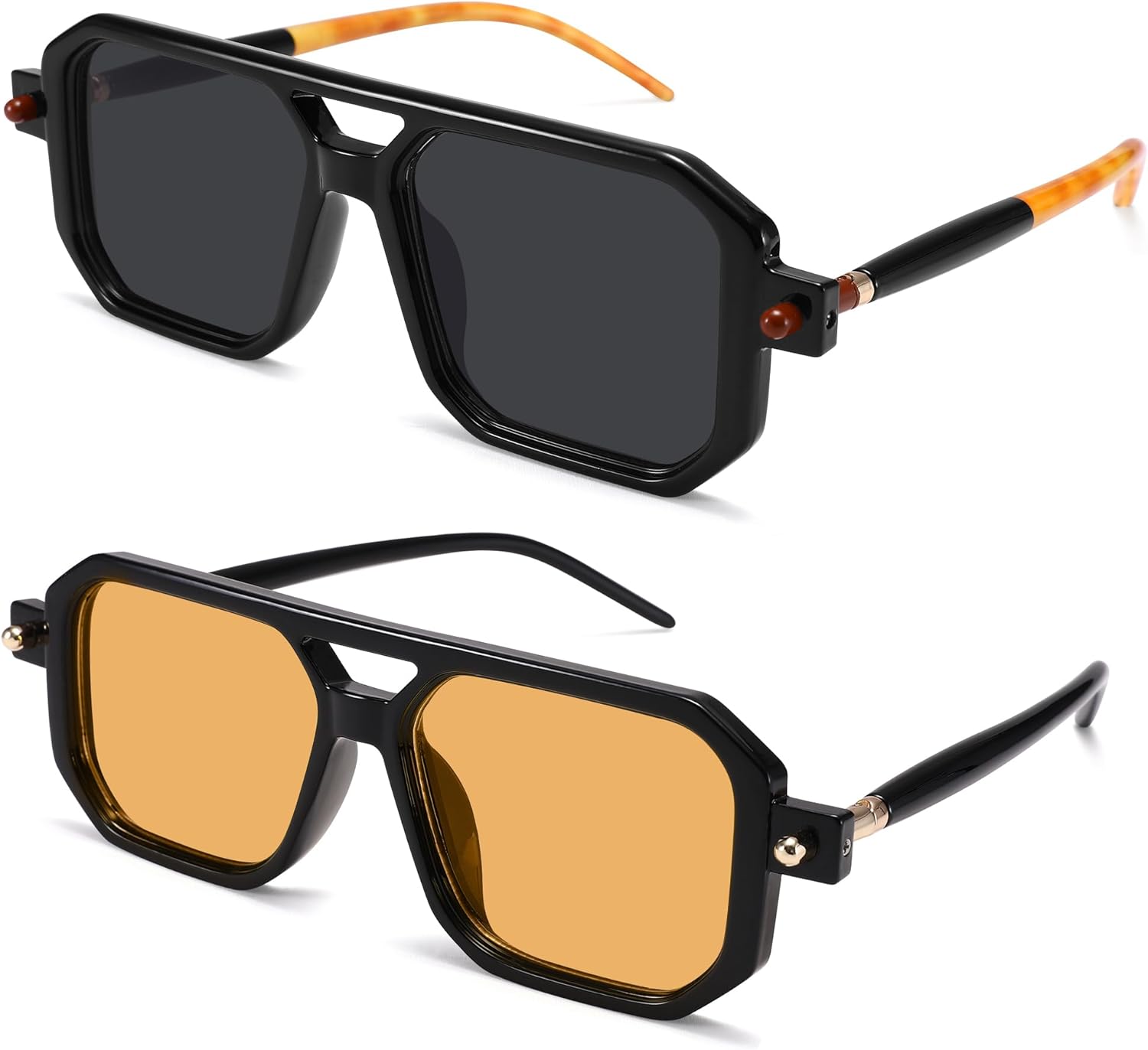 

Солнцезащитные очки Hycredi в винтажном стиле 70-х годов, плоские, авиаторские, модные, квадратные, ретро, ​​стильные, с защитой от УФ-излучения UV400, 2 Pack Black/Grey + Black/Yellow