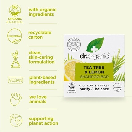 Dr Organic Tea Tree & Lemon Шампунь-батончик очищающий для жирных корней и кожи головы 75г — фото 3