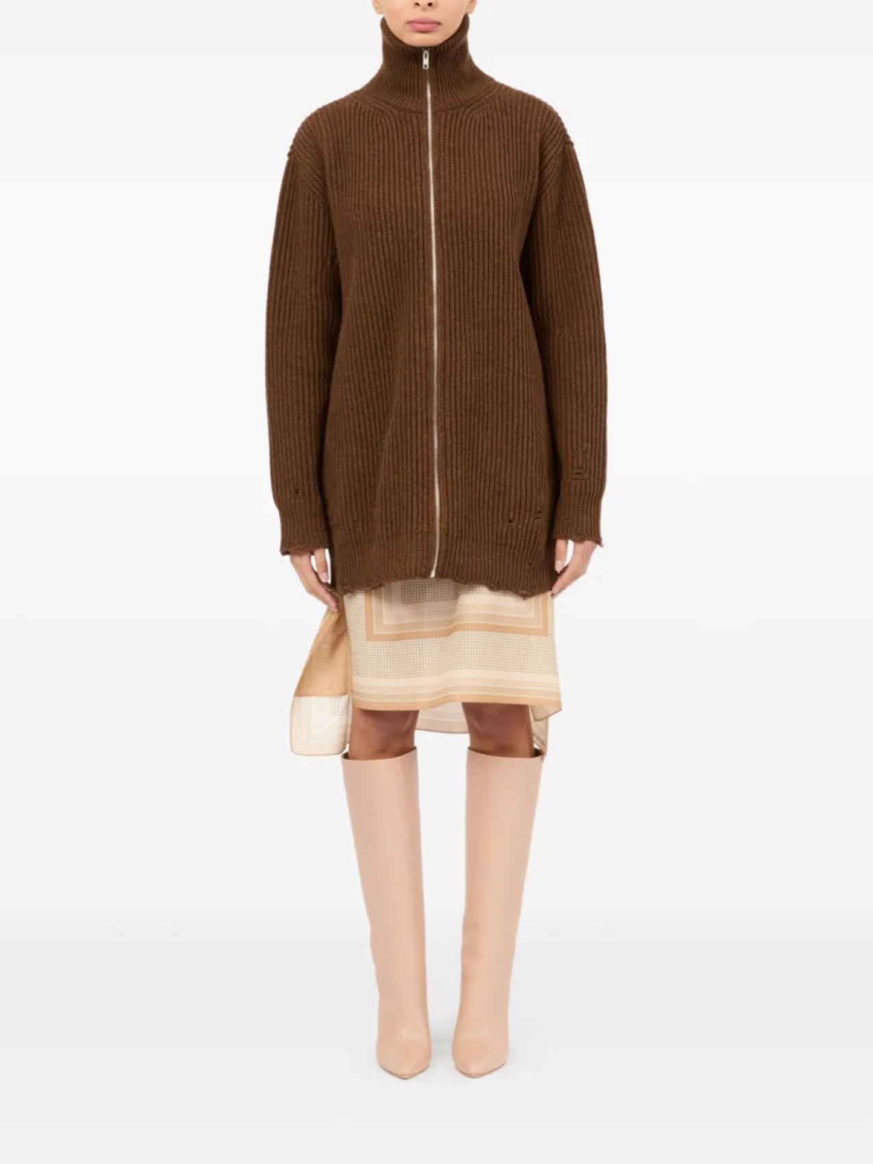 Кардиган с застежкой-молнией в рубчик MM6 Maison Margiela, коричневый — фото 2