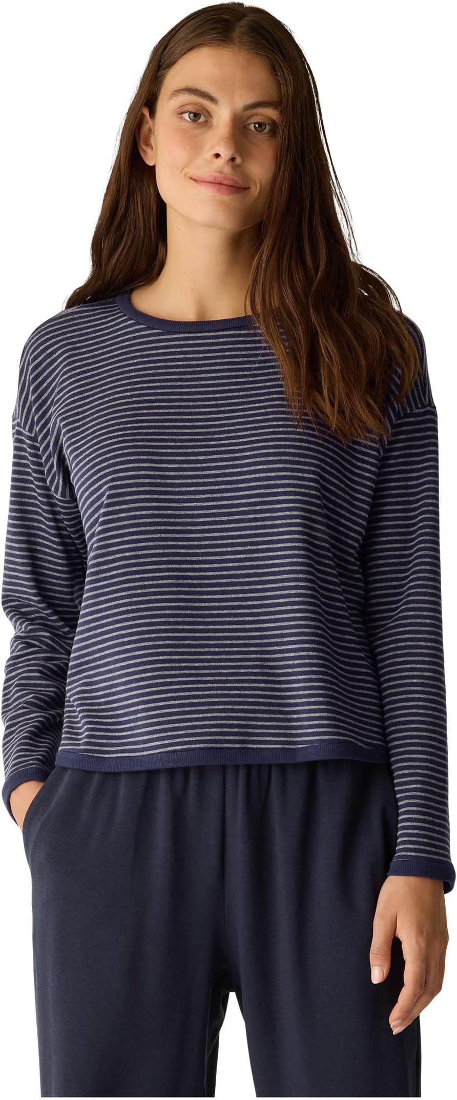 

Женский укороченный топ-бокс в полоску с круглым вырезом из махровой ткани с начесом Eileen Fisher, Ink