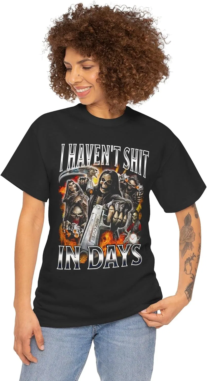 Футболка с принтом I Haven't Shit in Days Cringe Skeleton Meme, плотный хлопок GENERIC, черный — фото 2