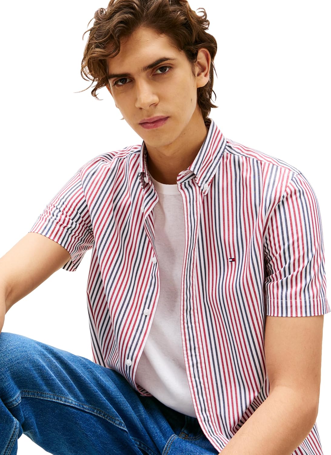 Рубашки оксфорды Tommy Hilfiger Men's с коротким рукавом, классический крой, мужские рубашки на пуговицах, Medium Red / Multi — фото 2