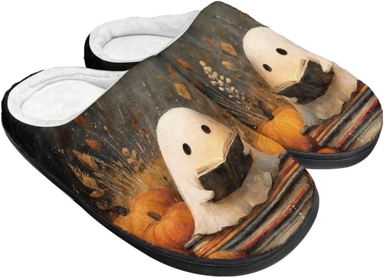 

Теплые тапочки для пары и семьи на осень и зиму для дома с нескользящей мягкой подошвой, обувь для женщин и мужчин, Хэллоуин Giftpuzz, Ghost Pumpkin Reading