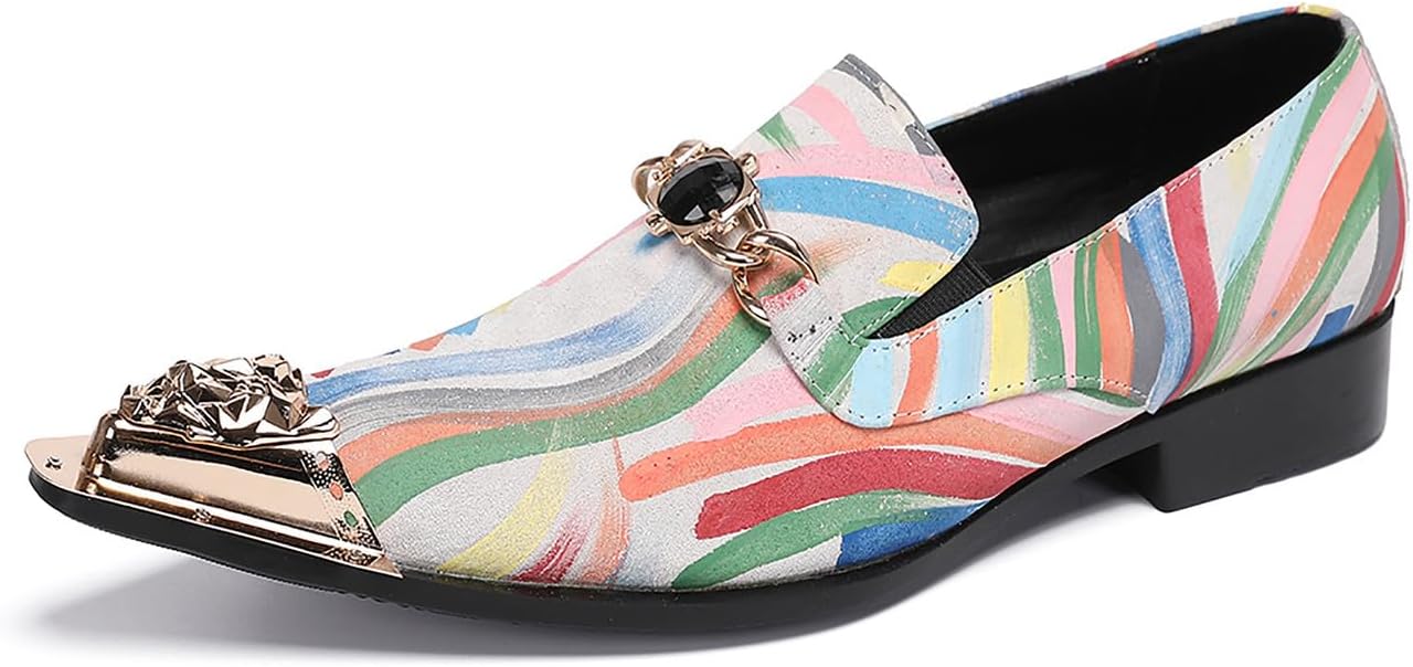 

Мужские туфли Santimon из кожи с металлическим носком, лоферы с граффити, золотой цепочкой, модные, радужные, повседневные, для свадьбы, вечеринки, официальные, балльные, мокасины на лето