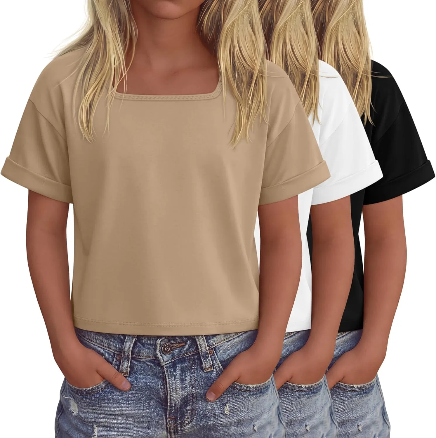 Набор из 3 детских топов оверсайз с квадратным вырезом, LessonZoo, Khaki, White, Black