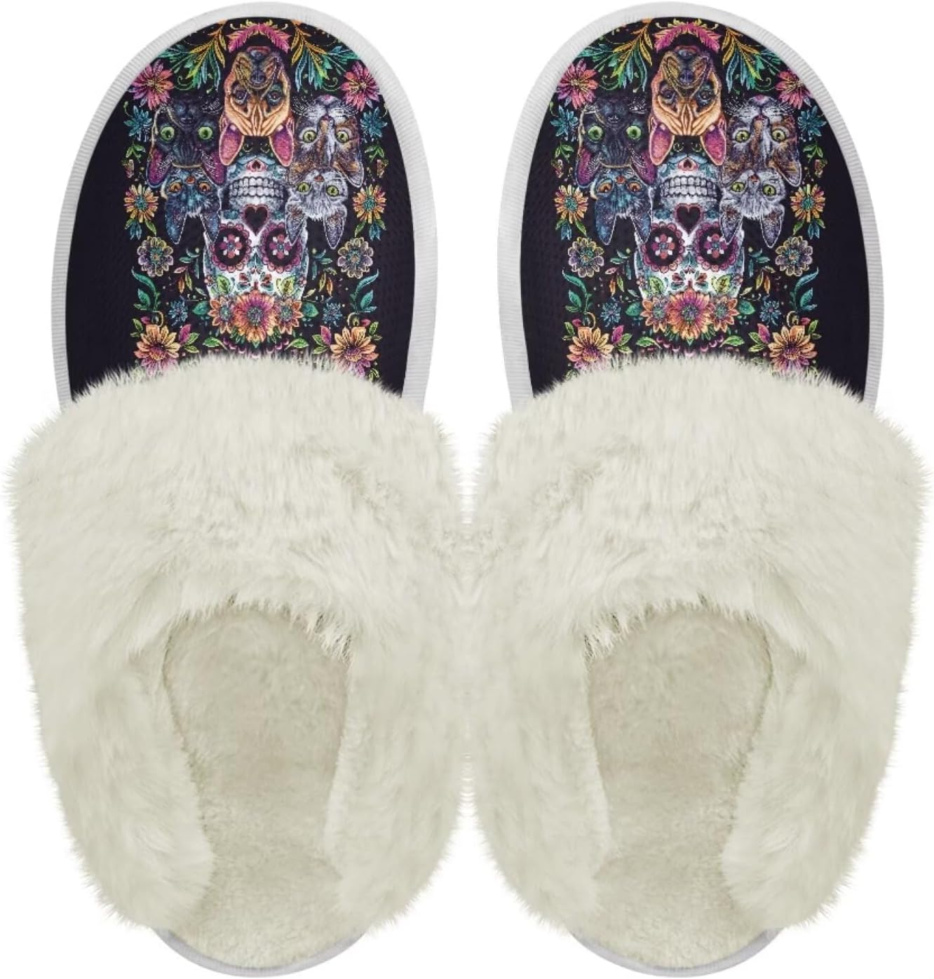 

Тапочки chaqlin Fuzzy из плюша для женщин и мужчин, мягкие, комфортные, легкие, из фланели с меховой отделкой, с нескользящей водонепроницаемой подошвой для дома и улицы, Boho Floral Sugar Skull