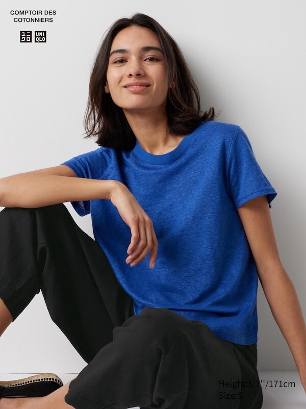 

Льняная футболка с круглым вырезом Uniqlo, синий
