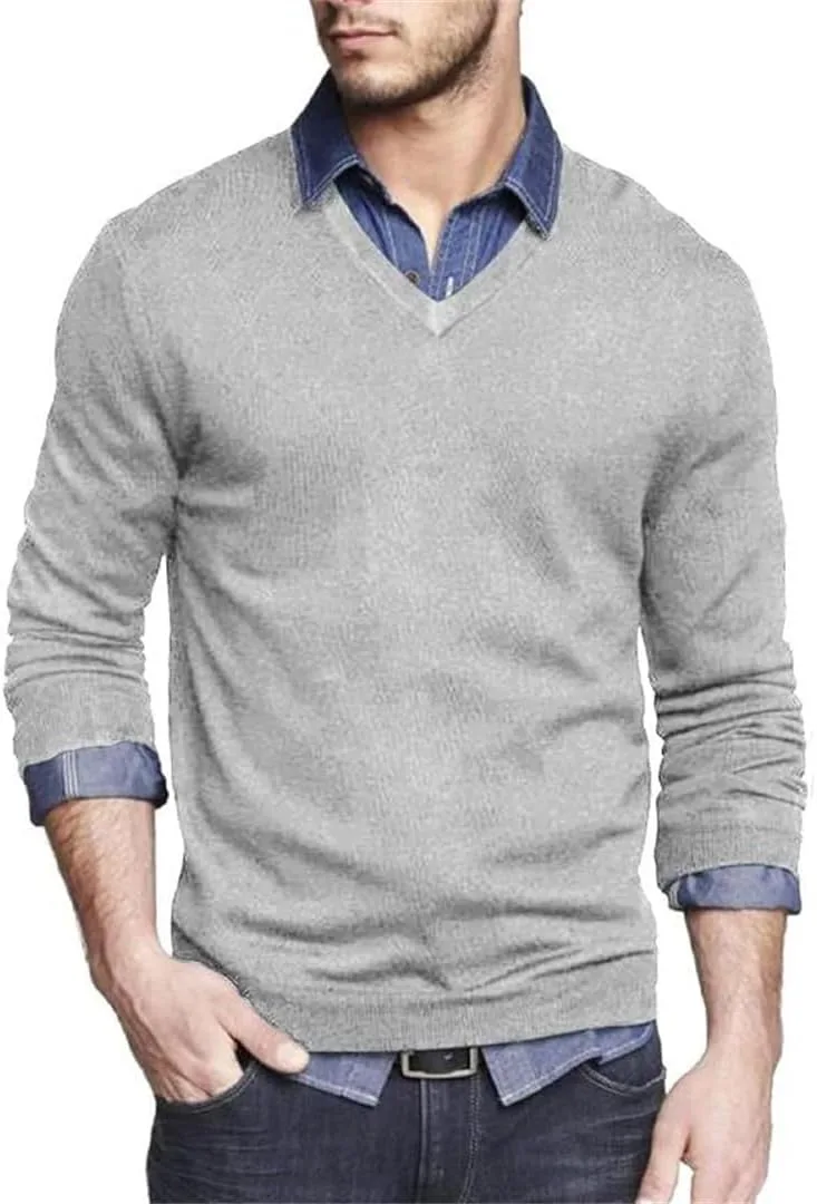 Мужской свитер V-образным вырезом Slim Fit легкий вязаный пуловер с длинными рукавами для бизнес-кэжуал — фото 3