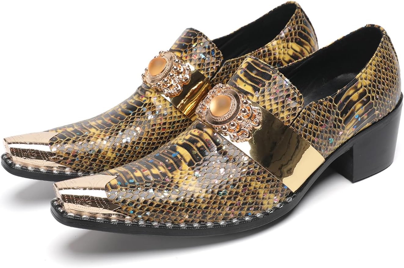 

Мужские золотые туфли-слипоны из кожи змеи - лоферы с металлическим заостренным носком, массивным каблуком, удобные модные повседневные туфли для вечеринок, бальных танцев и посещения баров Santimon
