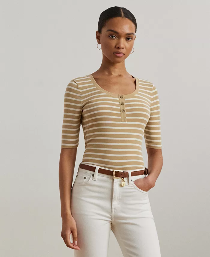 

Женский полосатый топ-хенли с рукавами до локтя Lauren Ralph Lauren, белый