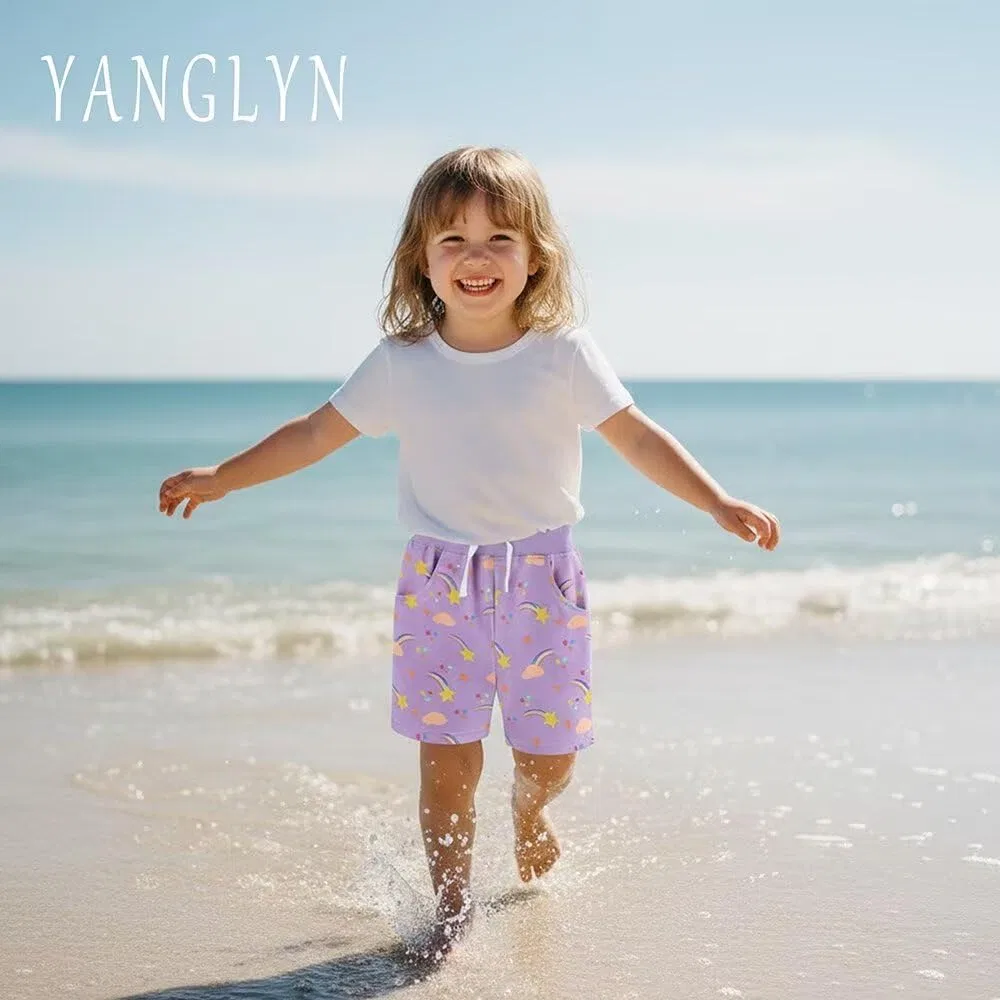 YANGLYN Детские шорты для мальчиков, повседневные хлопковые шорты с боковыми карманами, спортивные шорты на завязках для детей, Purple Sky — фото 2