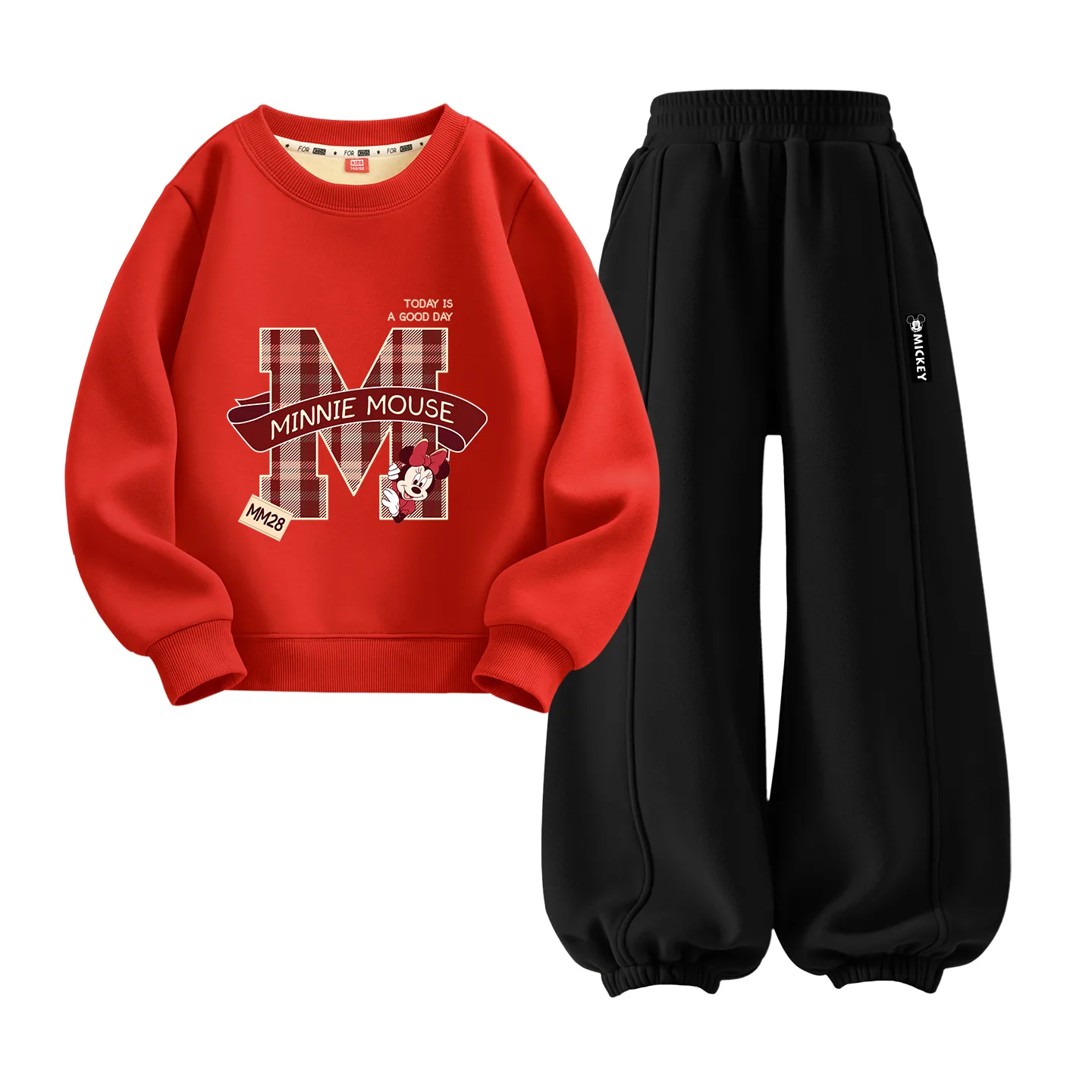 Детская повседневная спортивная футболка с круглым вырезом Disney, [Thickened and Fleece-Lined]Di Preppy Red+Di Long Hook-and-Loop K Black