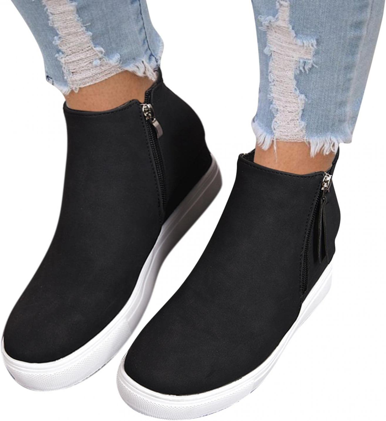 Женские платформенные ботинки Hbeylia Wedge, модные повседневные кожаные с округлым носком, на массивной подошве с высокими каблуками, ботильоны с боковой молнией, высокие модные кроссовки, короткие платьевые ботинки для рождественского декора,... — фото 4