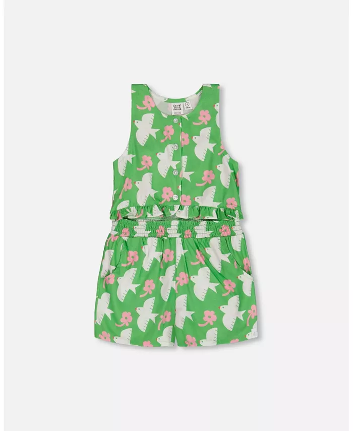 

Детский комбинезон с принтом и рюшами для девочки Green With White And Pink Bird - Toddler|Child Deux par Deux, зеленый