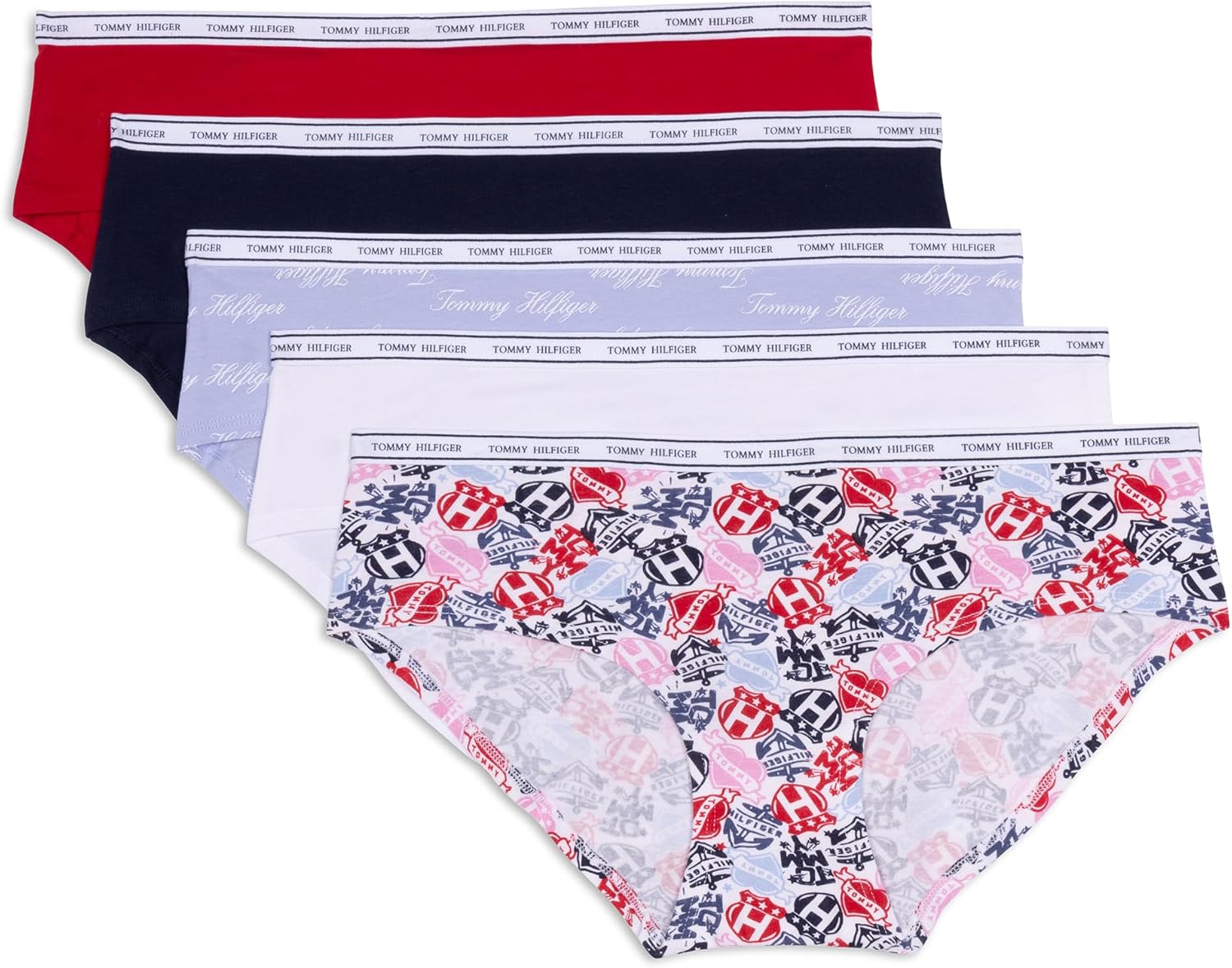 

Женские классические хлопковые трусы-хипстеры Tommy Hilfiger с логотипом на поясе, упаковка 5 пар, Tattoo Elements Bright White/Bright White/Brunerra Blue Th Calligraphy/Heather Grey/Apple Red