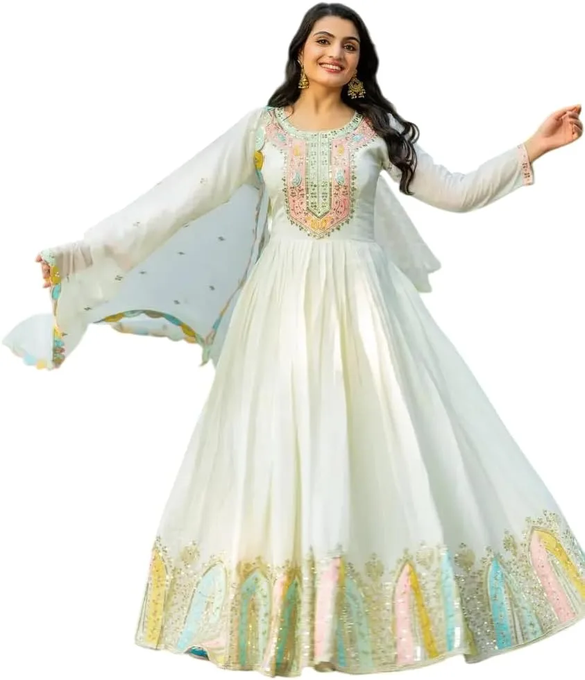 Женский комплект Amberic Chinon Silk Anarkali Kurti с многониточной вышивкой и дупаттой из ткани Chinon Silk Generic, белый