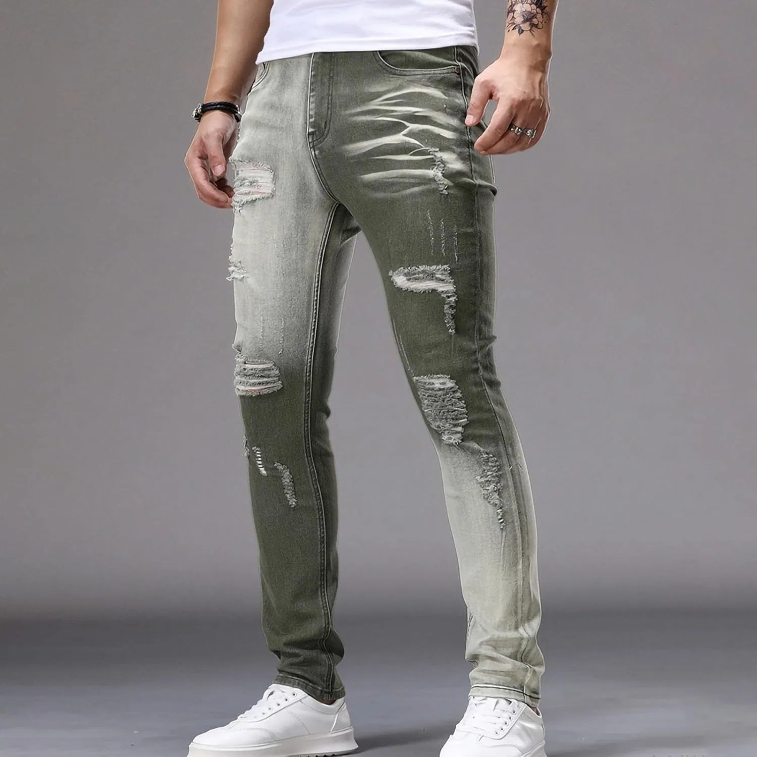 Джинсы скинни рваные, Army Green — фото 2
