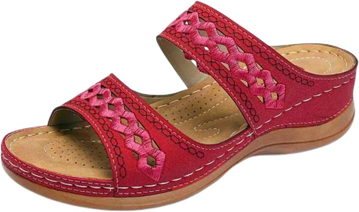 

Босоножки на танкетке для женщин, нарядные вышитые ортопедические сандалии, летние повседневные женские слипоны на платформе с открытым носком, двухремешковые дышащие прогулочные тапочки Generic, красный