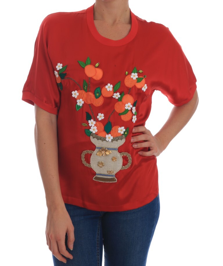 Элегантная красная шелковая блузка, украшенная кристаллами Dolce & Gabbana, красный