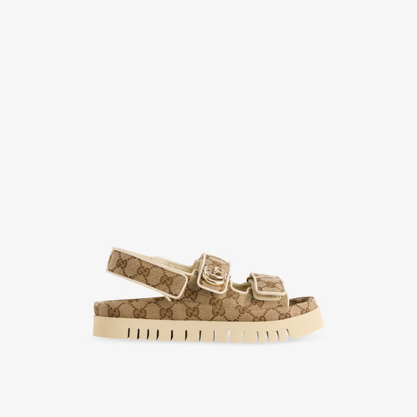 Сандалии Gucci New Marmont GG текстильные с фирменным принтом, бежевый