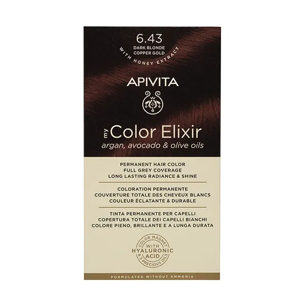 

Перманентное окрашивание My Color Elixir Apivita, цвет dark blonde copper gold