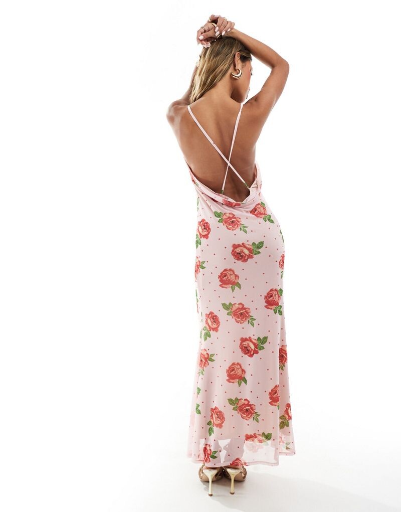 

ASOS DESIGN – розовое платье макси с бретелями в горошек и узором из роз