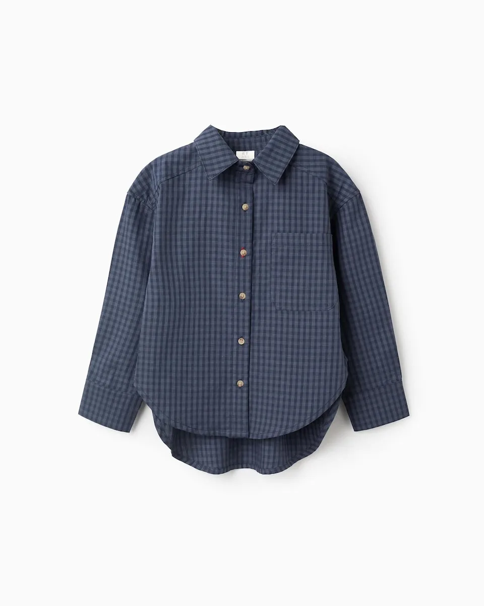 

Детская рубашка с узором Виши, с опущенными плечами Zippy, темно-синий