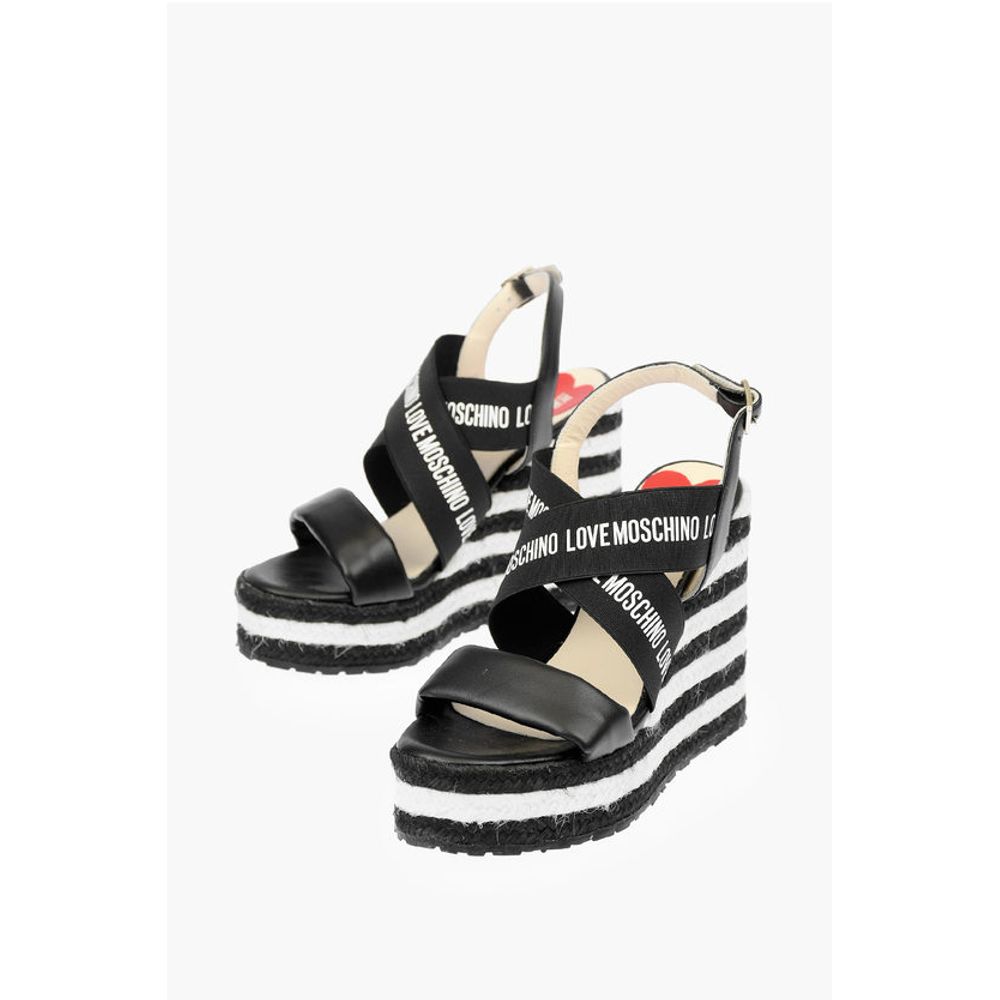 Босоножки на танкетке из кожи LOVE с логотипом 12 см Moschino, Black and White