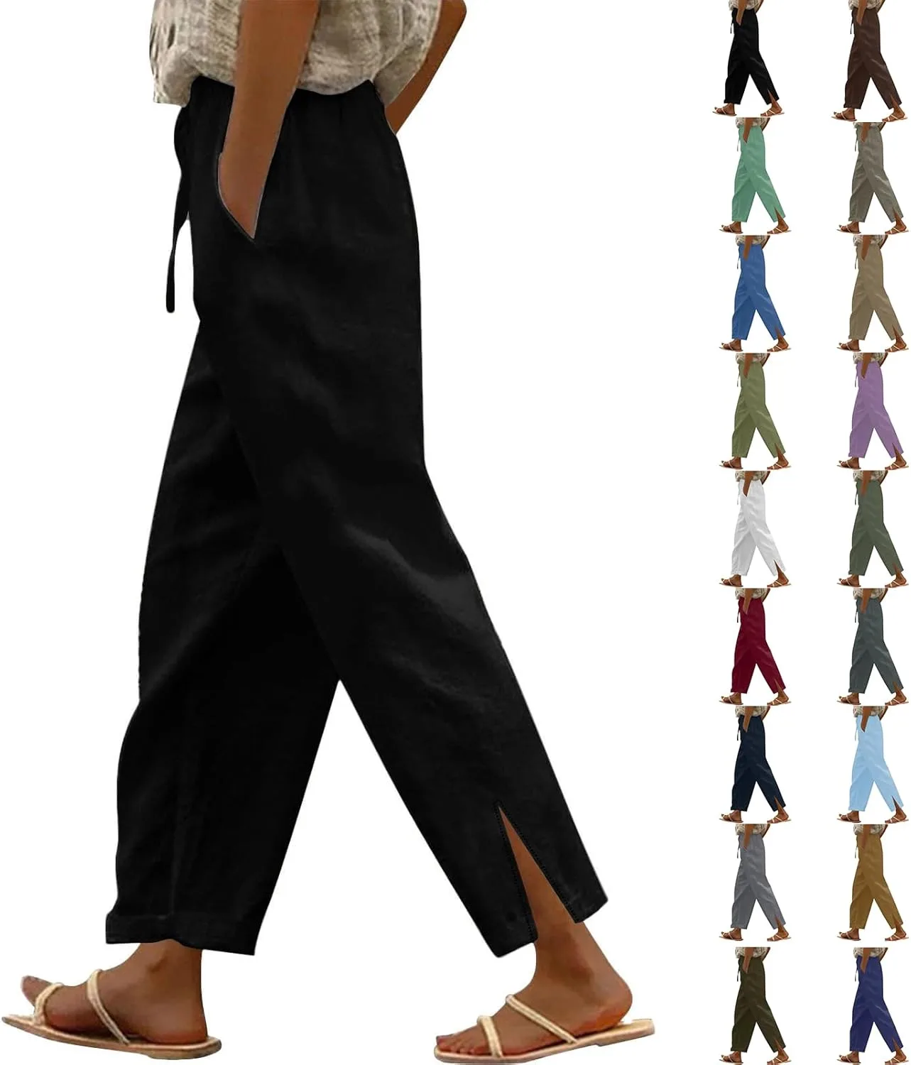 Льняные брюки Women 2026 Wide Leg с кулиской и эластичным поясом, гаучо, для отдыха, весна-лето, пляжный отпуск Generic, черный