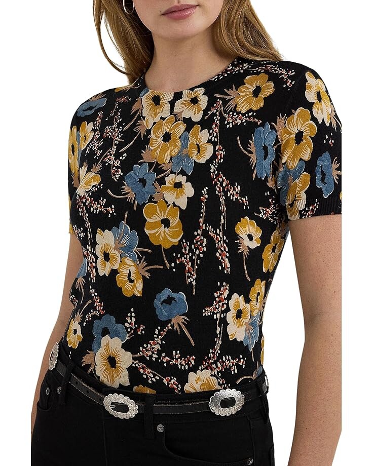 

Свитер Lauren Ralph Lauren Floral Cotton-Blend Short-Sleeve Sweater, черный мульти