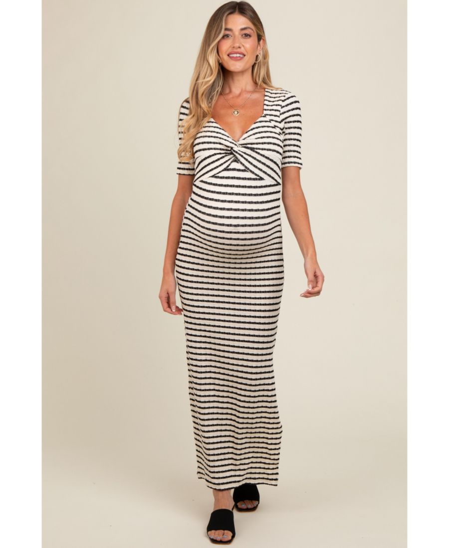 

Длинное трикотажное платье для беременных в полоску цвета слоновой кости с короткими рукавами, черного цвета Pinkblush, Ivory