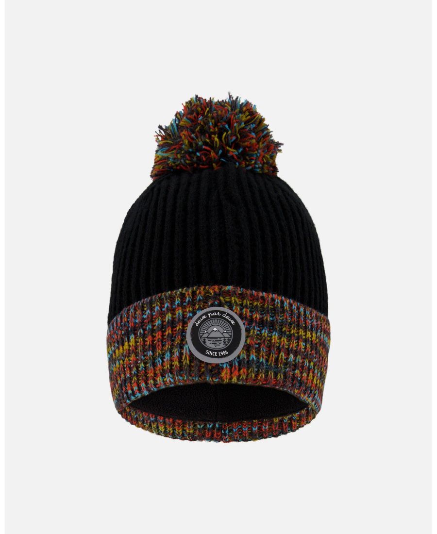 

Вязаная зимняя шапка для мальчика с подкладкой и помпоном, черная с разноцветными вставками - для малышей/детей Deux par Deux, Black and multicolor