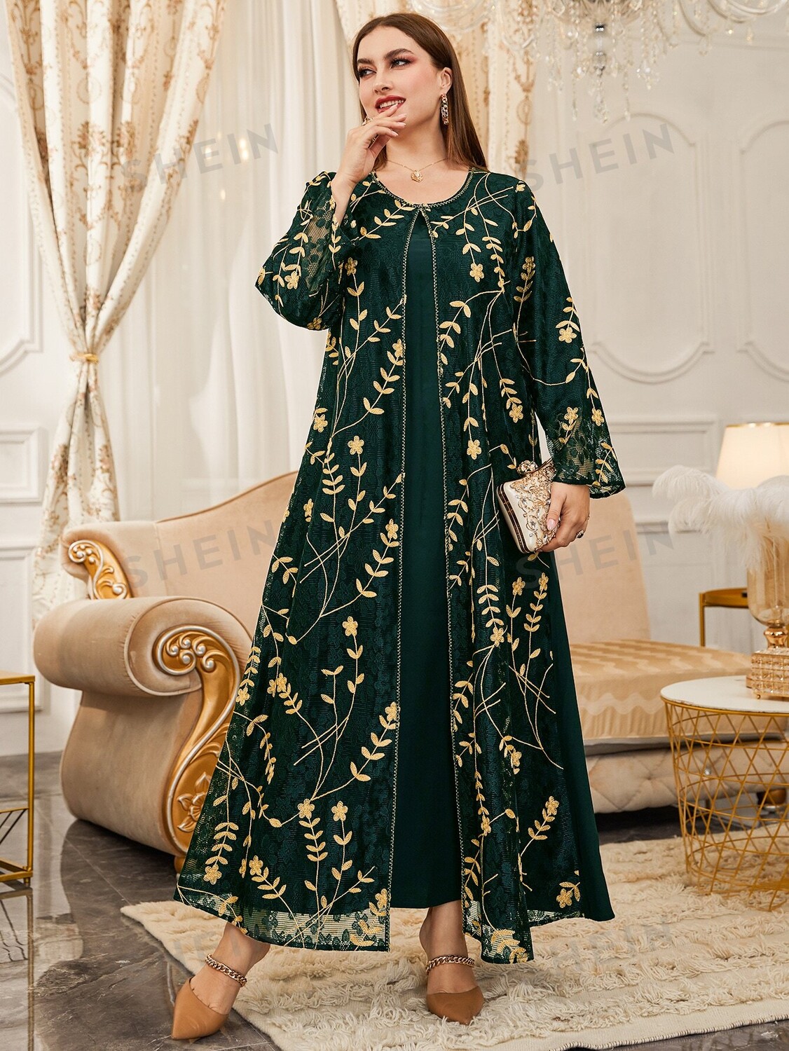 

Modely Платье-туника больших размеров, цветочная вышивка, кружевная ткань Shein, зеленый