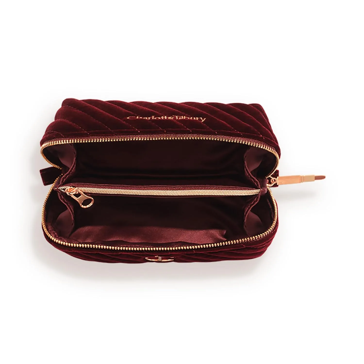 Charlotte Tilbury Travel Makeup Bag of My Dreams - стеганый вельветовый органайзер для ухода, парфюмерии и косметики с 5 отделениями, карманом на молнии и верхней ручкой - культовая косметичка Night Crimson Мини, Night Crimson — фото 2