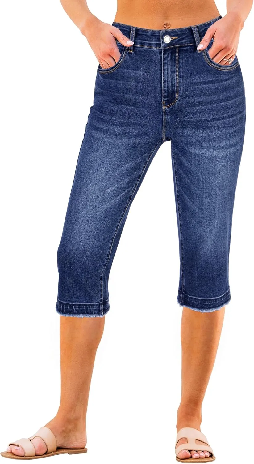 

Женские джинсы-капри luvamia Mid Rise с потертостями и необработанным краем