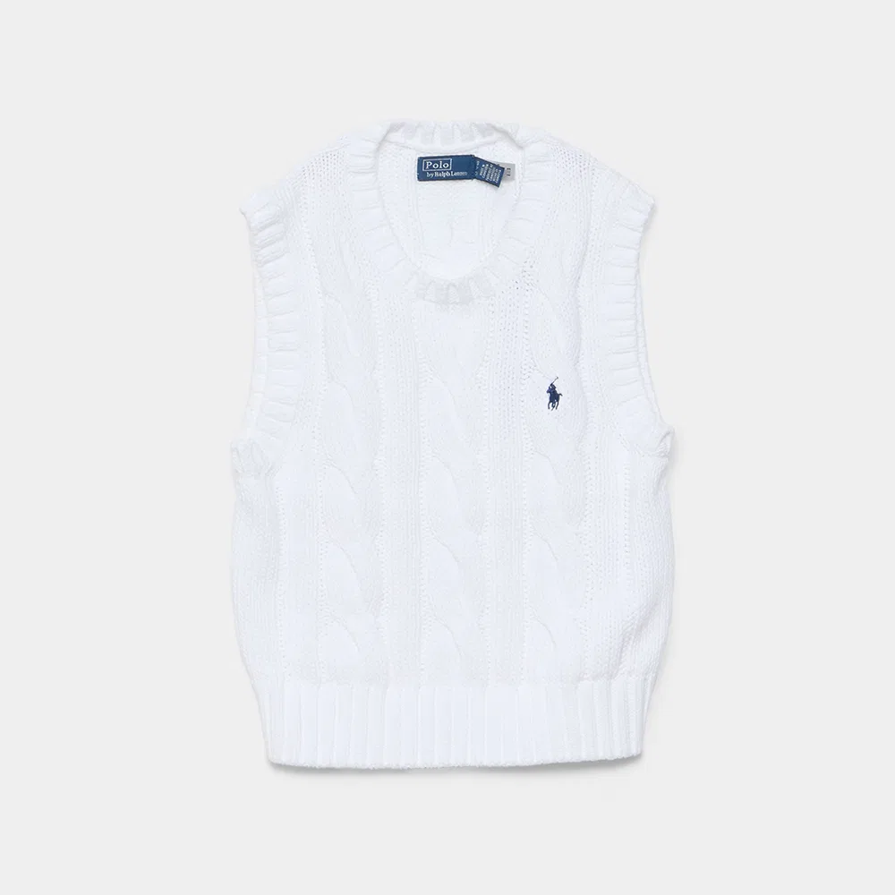 Женский укороченный вязаный жилет из хлопка с косами белого цвета от Polo Ralph Lauren