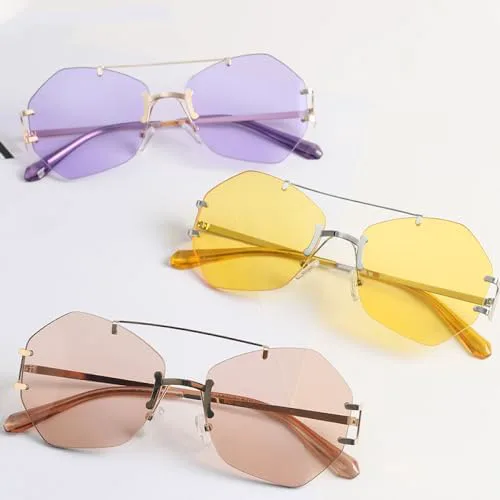 

Солнцезащитные очки без оправы с многоугольными металлическими линзами и двойным оправом для женщин и мужчин, защита от ультрафиолета UV400 MTZJH, Gold Yellow