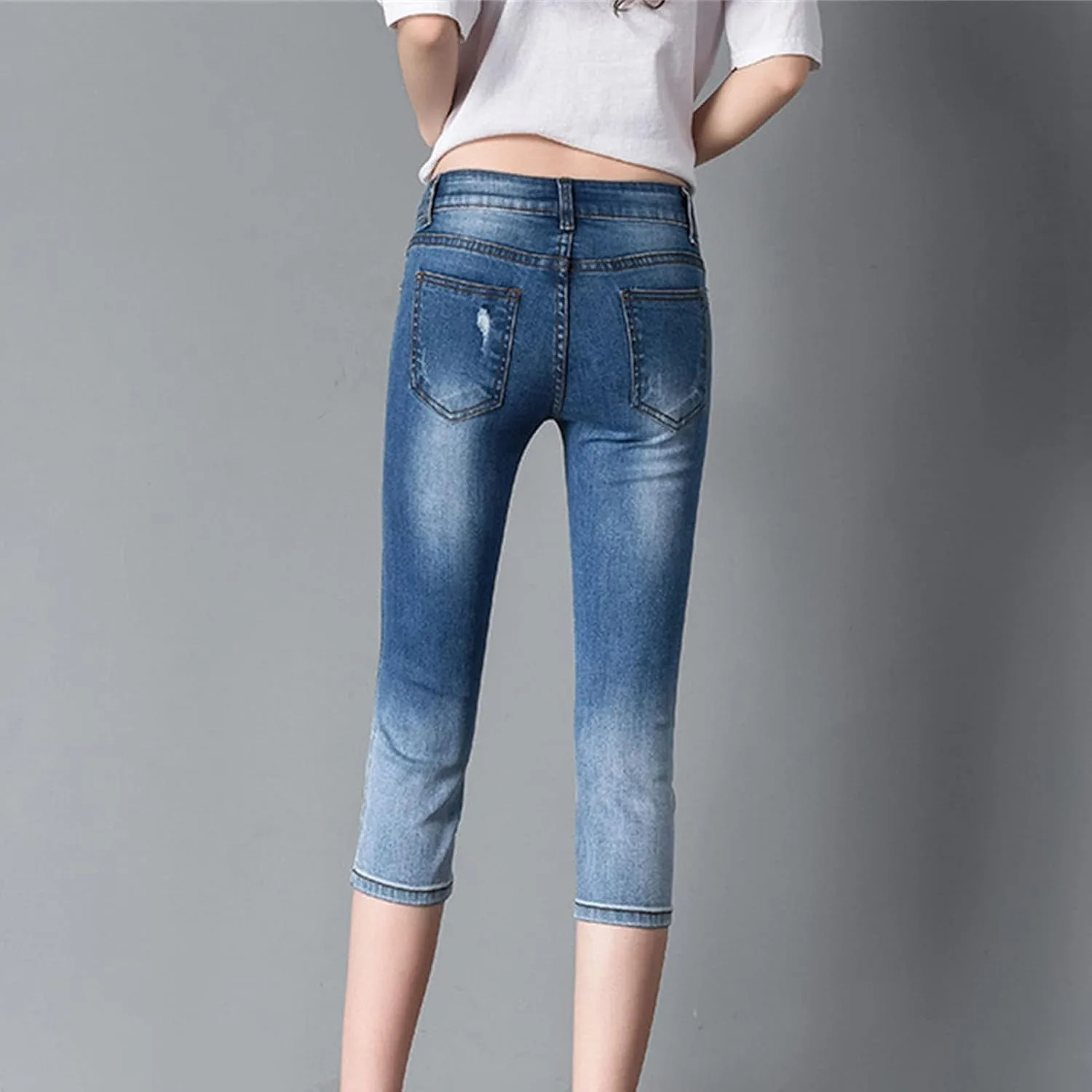 Вышитые укороченные джинсы для женщин Mid Rise Slim Fit потертые Skinny Denim Pants летние Casual Stretch Pencil Jeans — фото 3