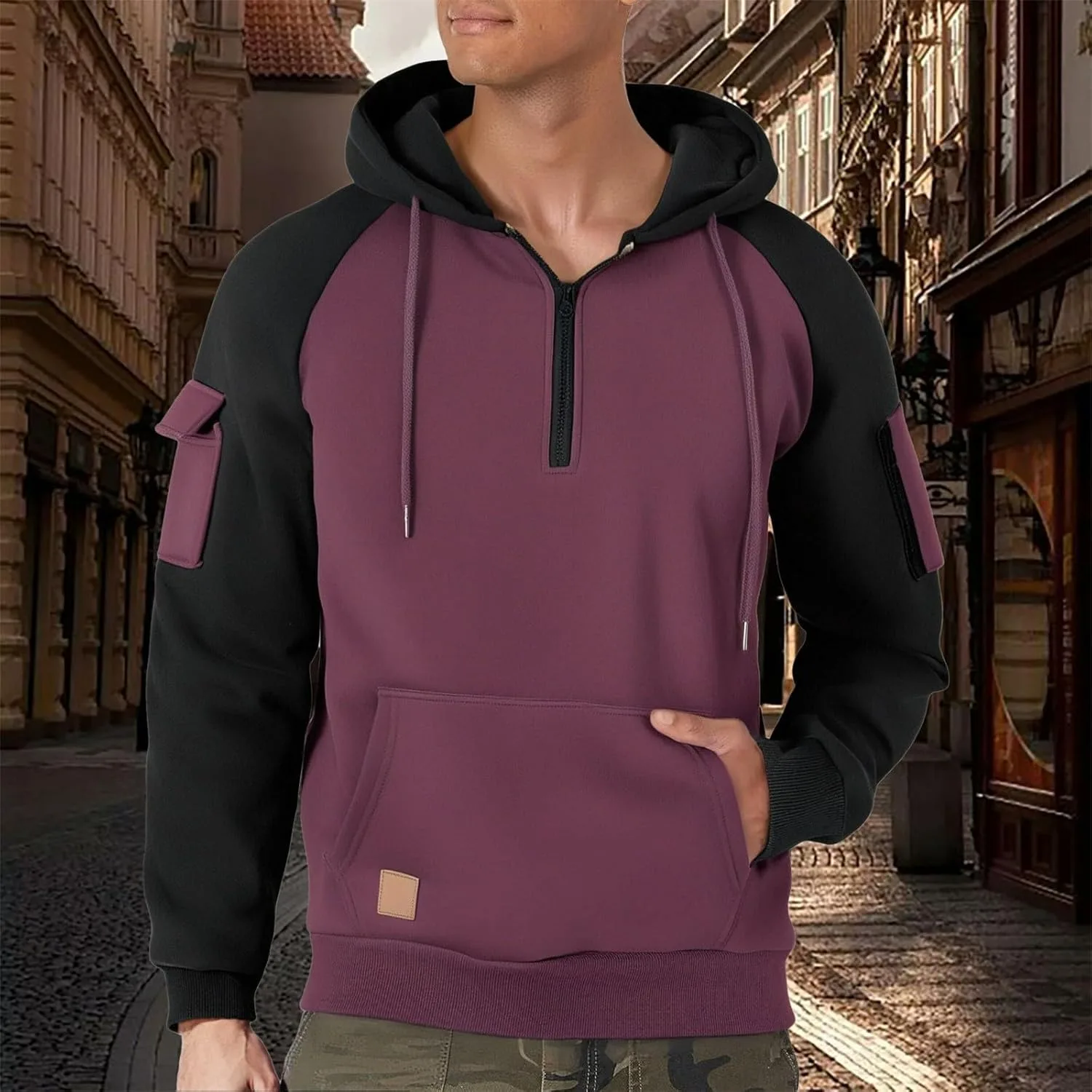 Тактический худи для мужчин Vintage 1/4 Zip с капюшоном и карманами карго — фото 2